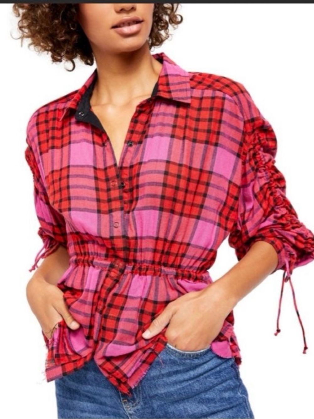 Free People - We The Free Pacific Dawn Pink Red Plaid Ruched Sleeve Blouse Small